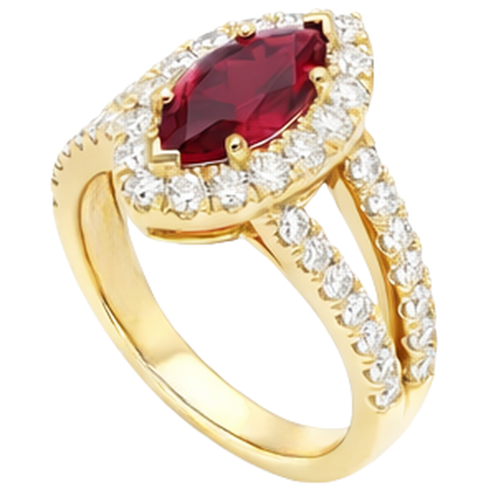 Fede nuziale in oro giallo con diamanti e rubino rosso marchese 3.25 carati 14K