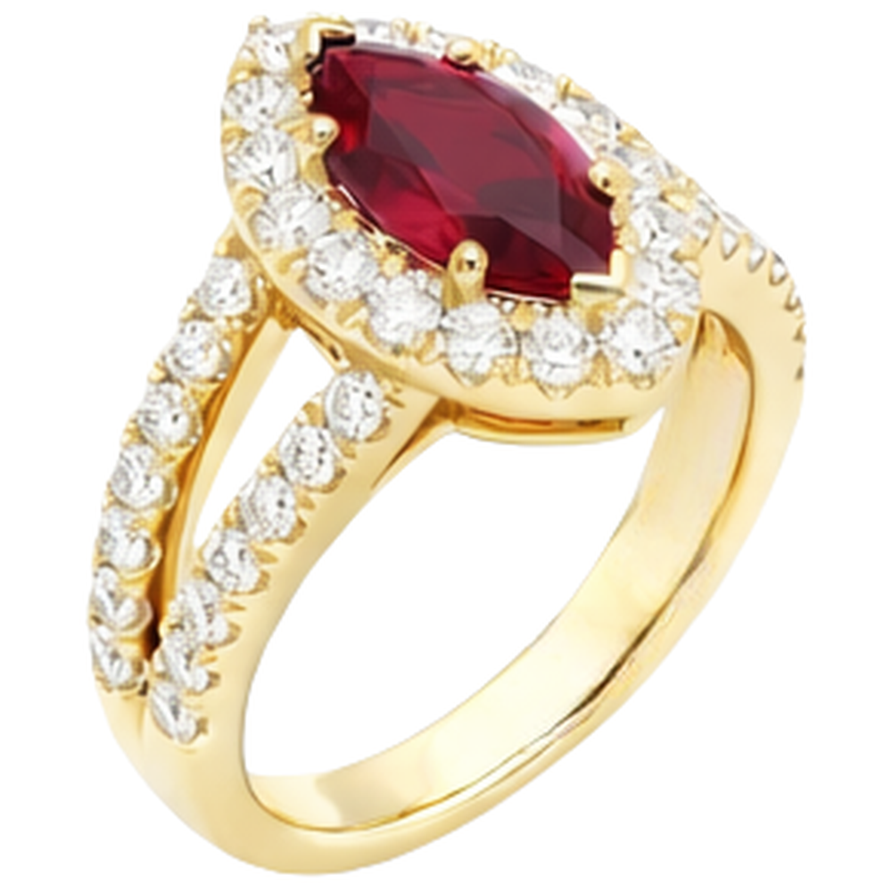 Fede nuziale in oro giallo con diamanti e rubino rosso marchese 3.25 carati 14K