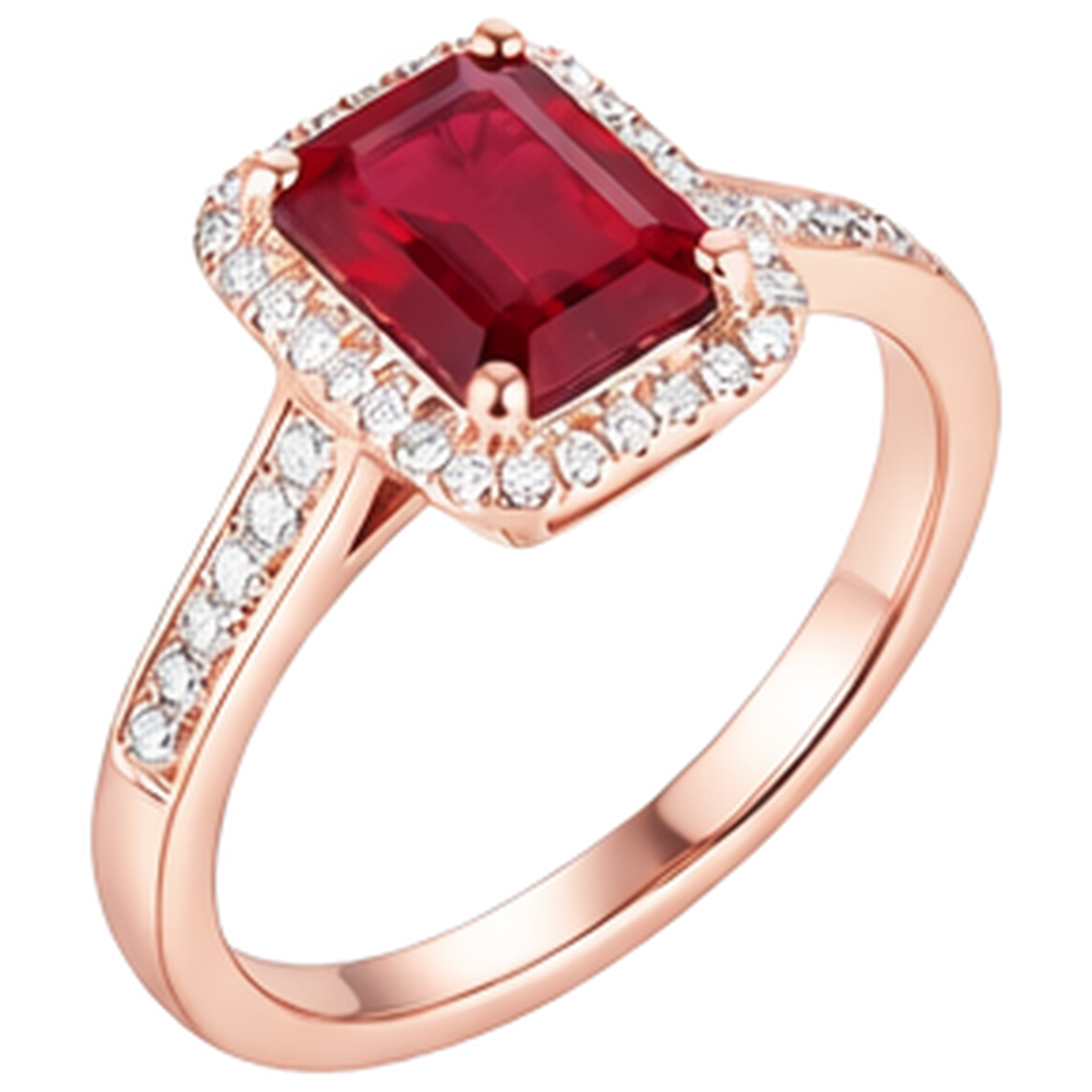Fede nuziale in oro rosa 14K con rubino rosso taglio smeraldo e diamanti 5 ct