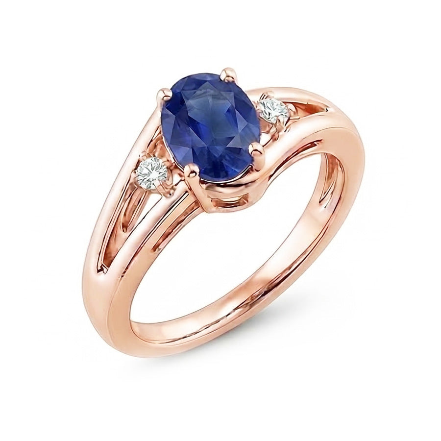 Fede nuziale in oro rosa con 3 pietre. 2.25 carati. gioielli con zaffiro blu ovale