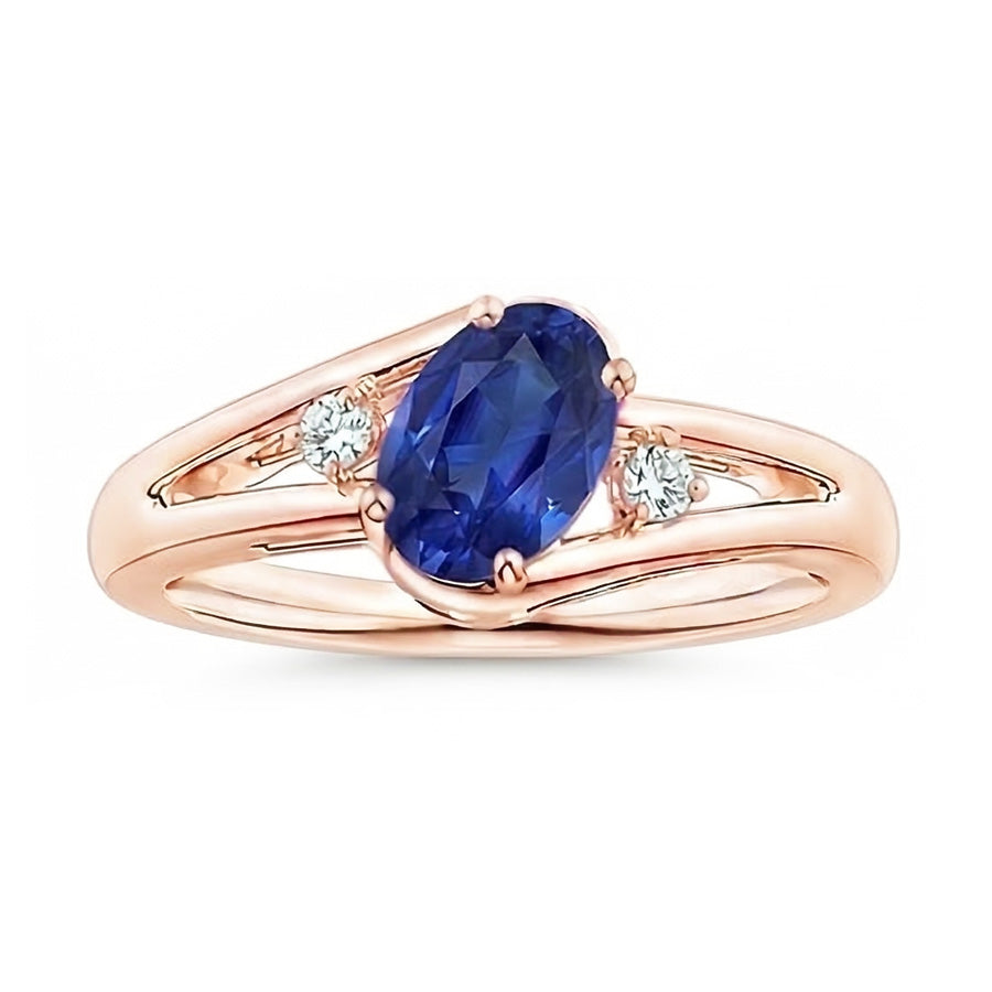 Fede nuziale in oro rosa con 3 pietre. 2.25 carati. gioielli con zaffiro blu ovale