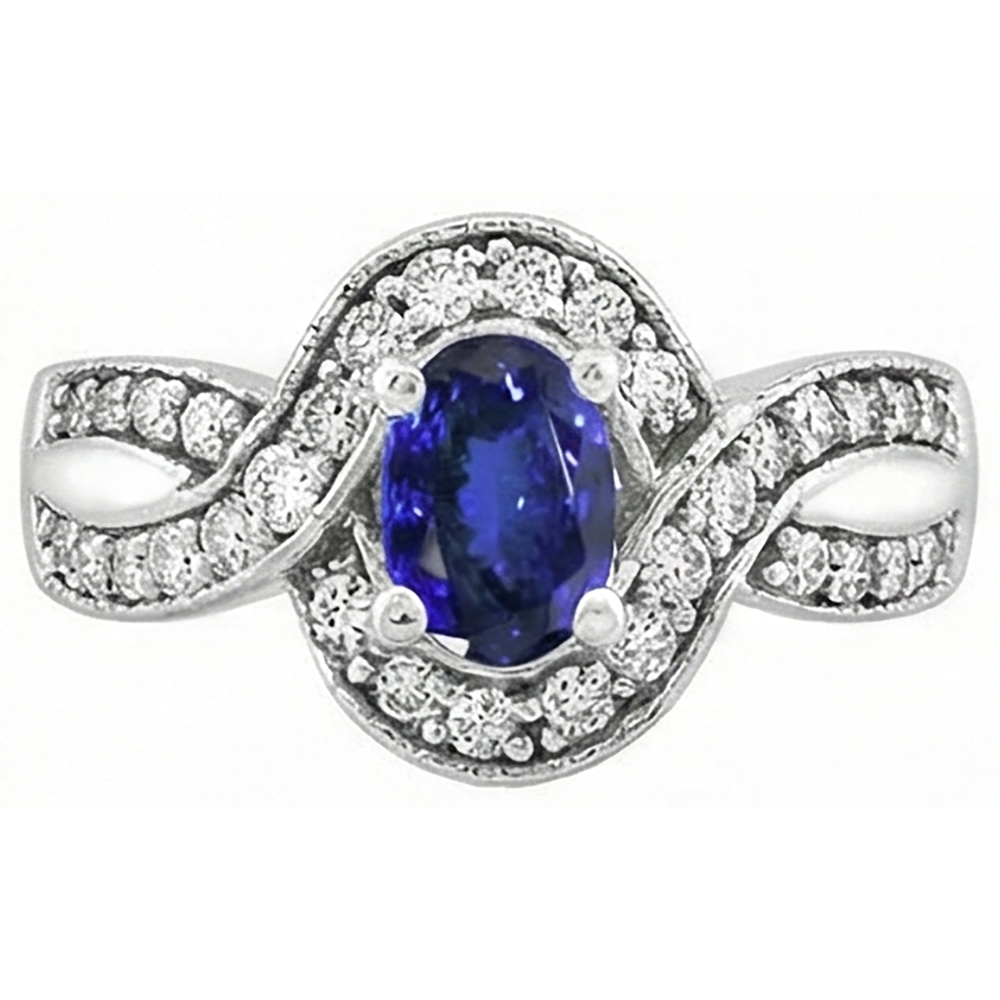 Fede nuziale ovale con tanzanite e diamanti rotondi 2.50 carati in oro 14K