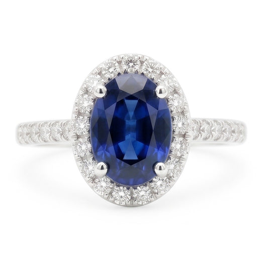 Fede nuziale ovale con zaffiro blu e diamanti da 2.25 carati. oro bianco 14K