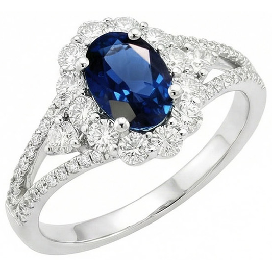 Fede nuziale ovale con zaffiro di Ceylon da 2 ct e diamante oro bianco 14K