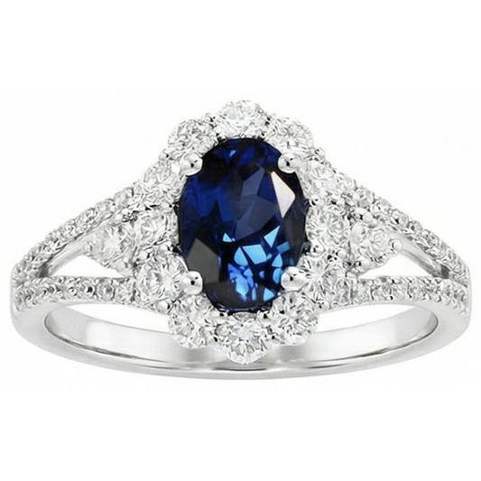 Fede nuziale ovale con zaffiro di Ceylon da 2 ct e diamante oro bianco 14K