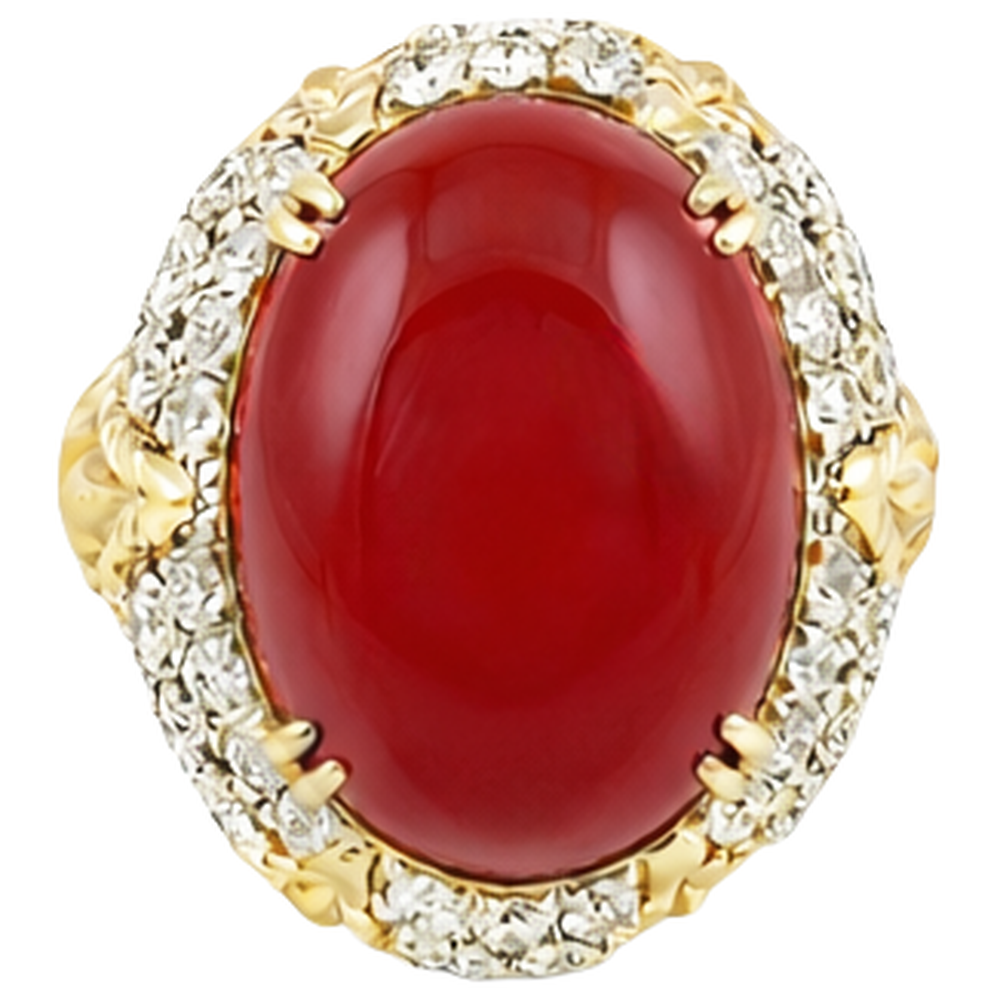 Fede nuziale ovale in corallo rosso con diamanti 11.20 ct 14k oro giallo 14k