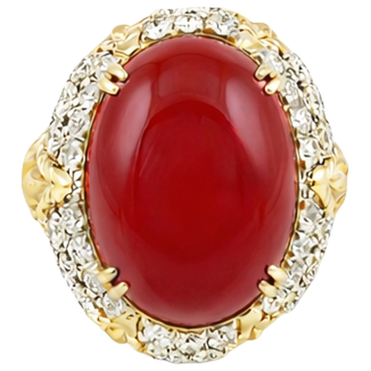 Fede nuziale ovale in corallo rosso con diamanti 11.20 ct 14k oro giallo 14k