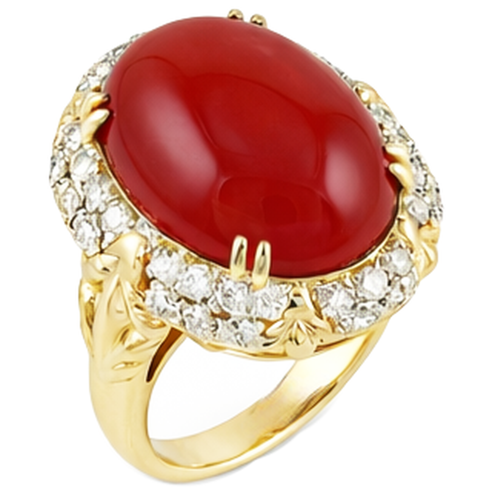 Fede nuziale ovale in corallo rosso con diamanti 11.20 ct 14k oro giallo 14k