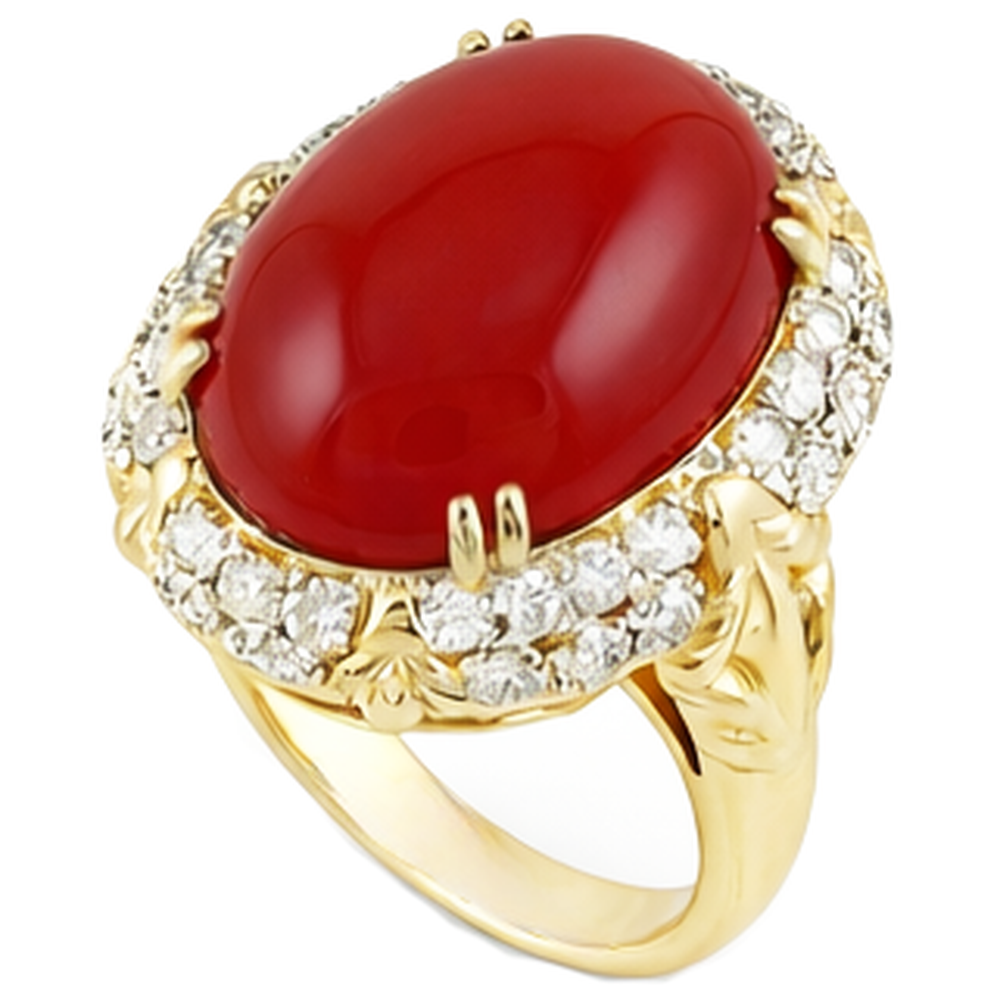 Fede nuziale ovale in corallo rosso con diamanti 11.20 ct 14k oro giallo 14k