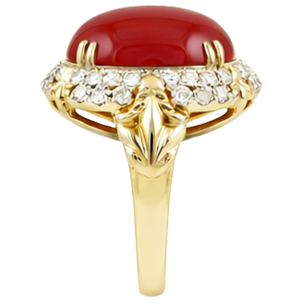 Fede nuziale ovale in corallo rosso con diamanti 11.20 ct 14k oro giallo 14k