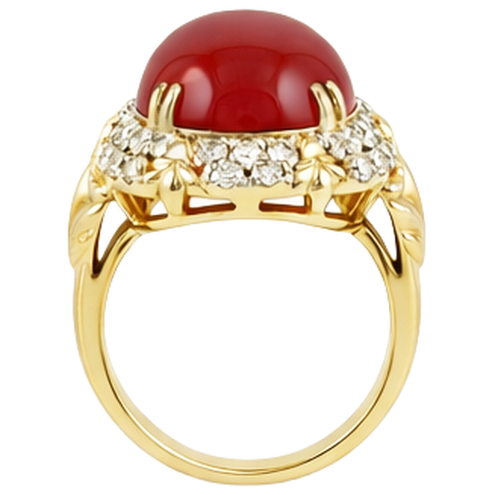 Fede nuziale ovale in corallo rosso con diamanti 11.20 ct 14k oro giallo 14k