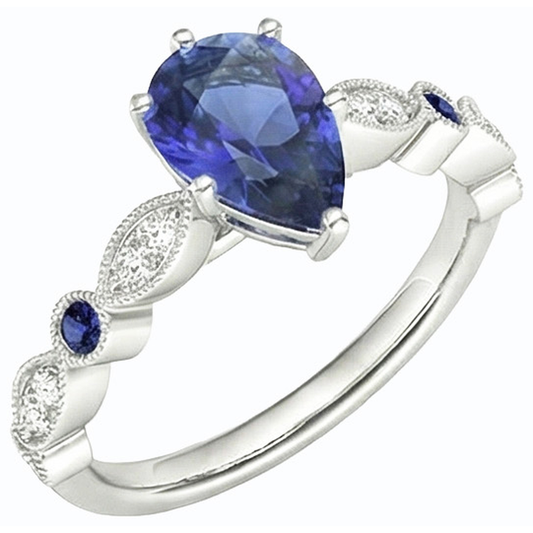 Fede nuziale solitario 2,50 carati zaffiro blu e accenti di diamanti in oro bianco 14K