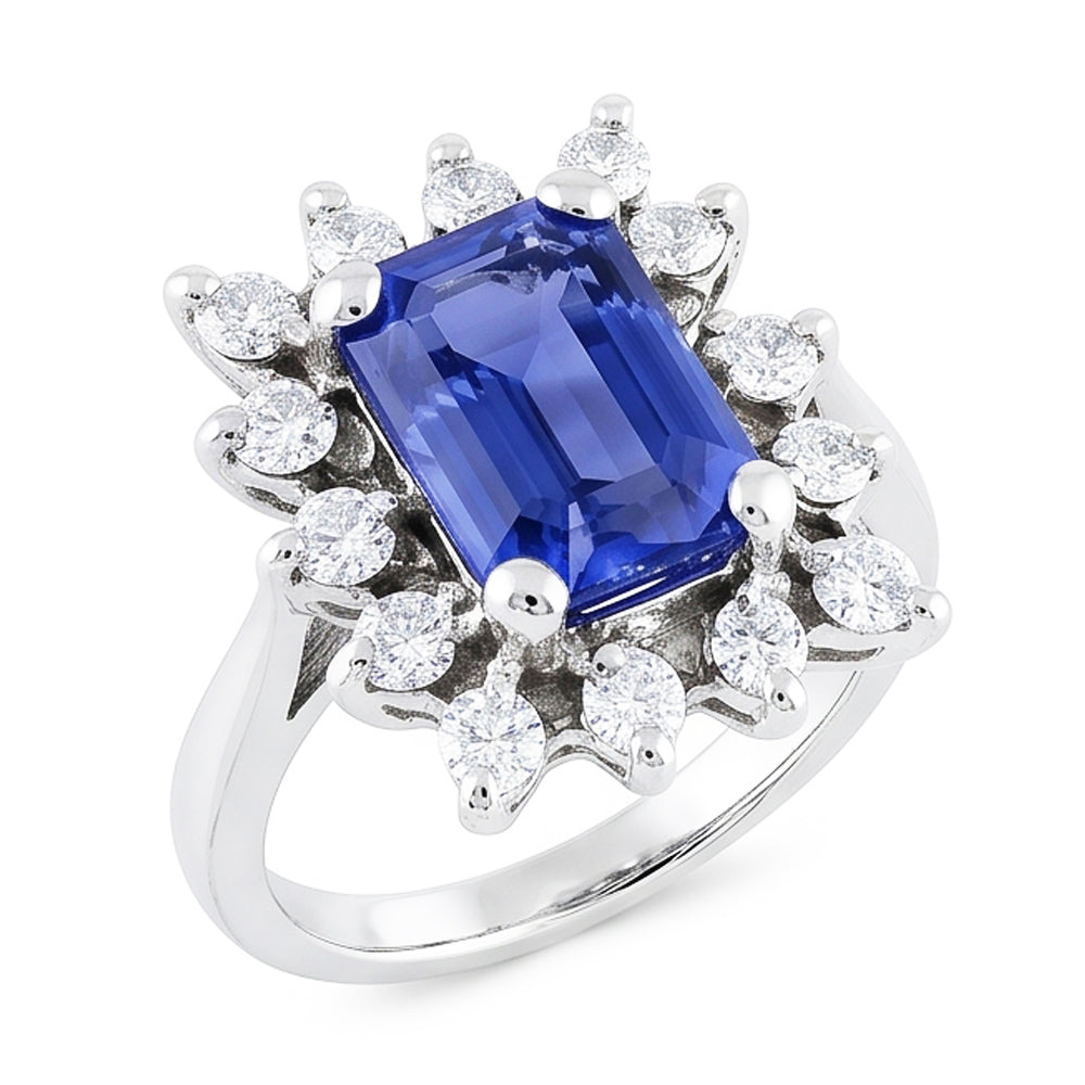 Fede nuziale stile fiore Halo 2,50 carati zaffiro blu e diamante smeraldo in oro bianco 14K