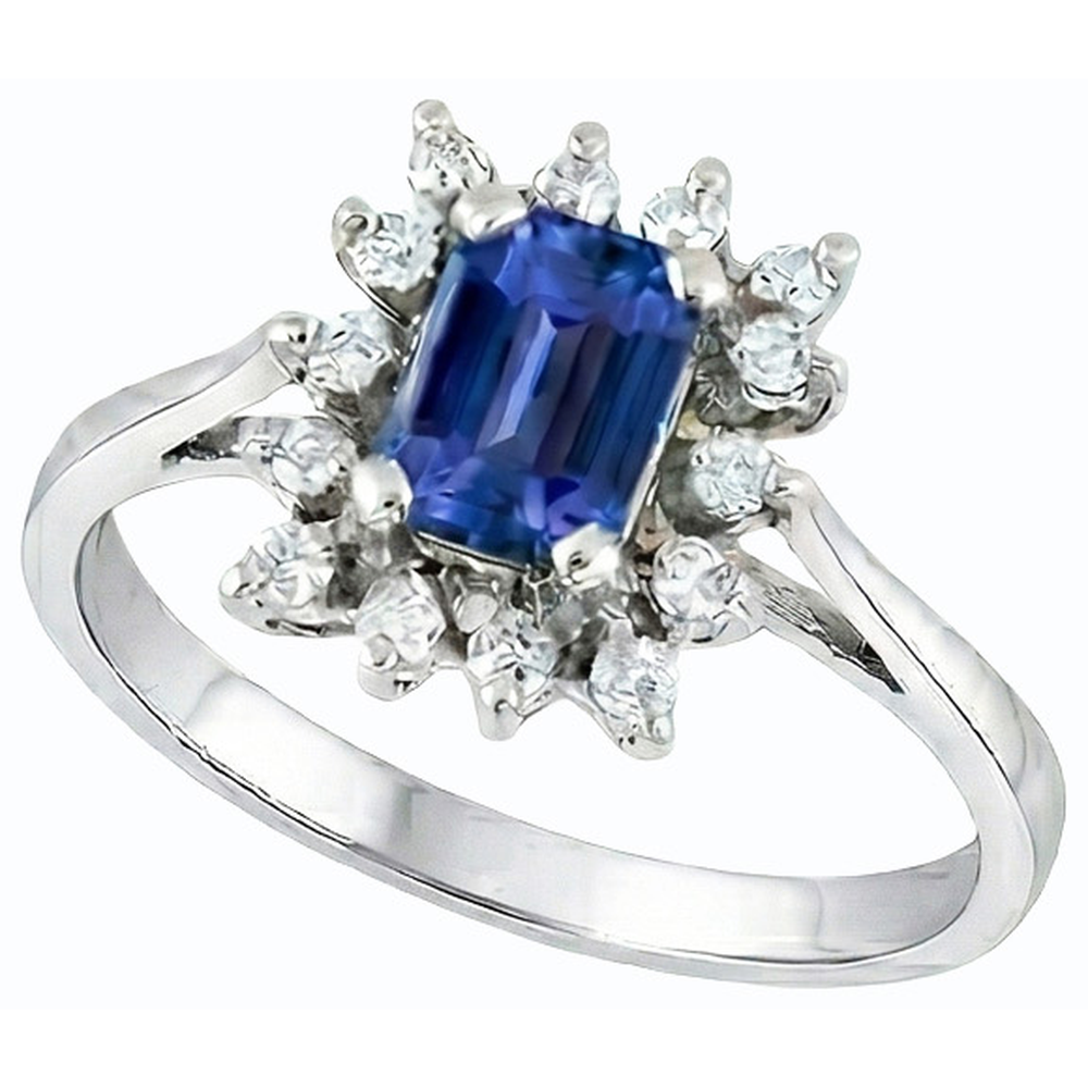 Fede nuziale stile fiore Halo 2,50 carati zaffiro blu e diamante smeraldo in oro bianco 14K
