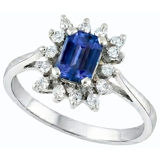 Fede nuziale stile fiore Halo 2,50 carati zaffiro blu e diamante smeraldo in oro bianco 14K