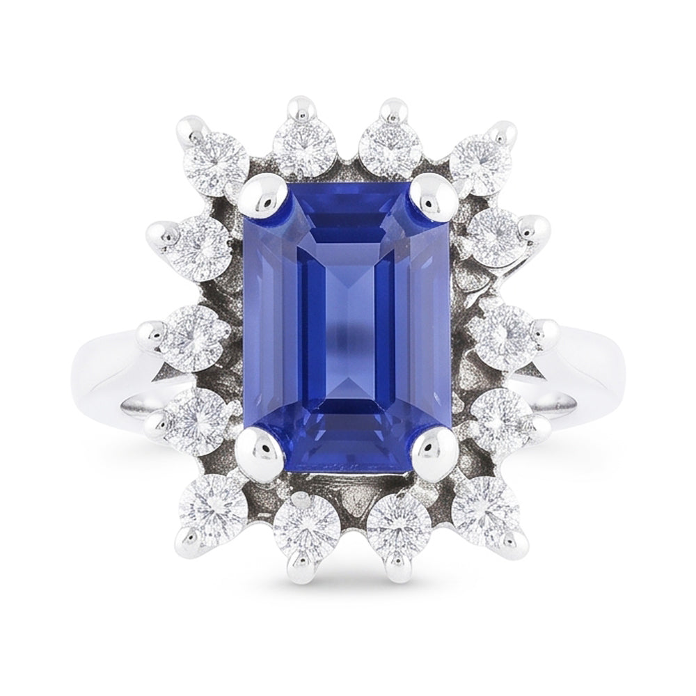 Fede nuziale stile fiore Halo 2,50 carati zaffiro blu e diamante smeraldo in oro bianco 14K