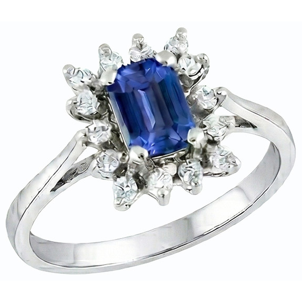 Fede nuziale stile fiore Halo 2,50 carati zaffiro blu e diamante smeraldo in oro bianco 14K