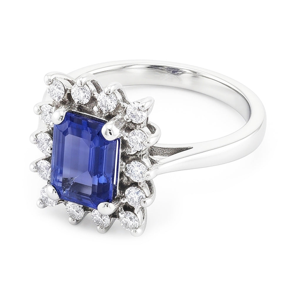 Fede nuziale stile fiore Halo 2,50 carati zaffiro blu e diamante smeraldo in oro bianco 14K