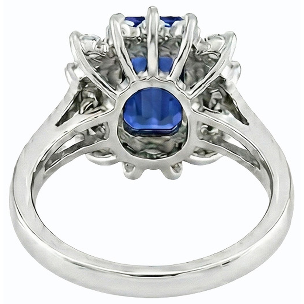 Fede nuziale stile fiore Halo 2,50 carati zaffiro blu e diamante smeraldo in oro bianco 14K