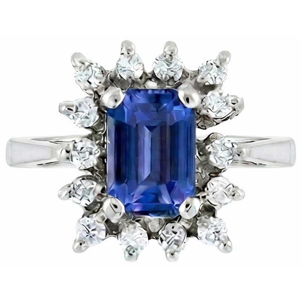 Fede nuziale stile fiore Halo 2,50 carati zaffiro blu e diamante smeraldo in oro bianco 14K