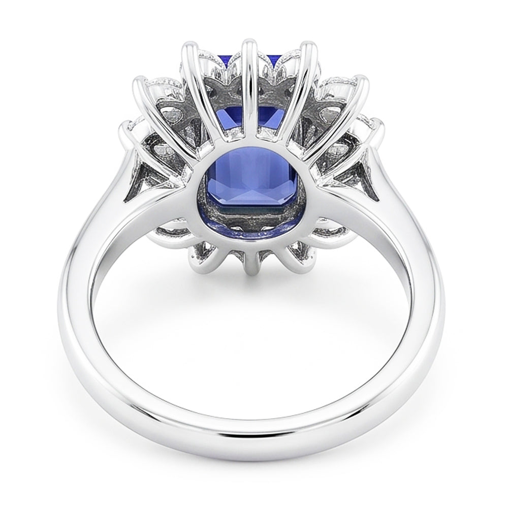 Fede nuziale stile fiore Halo 2,50 carati zaffiro blu e diamante smeraldo in oro bianco 14K