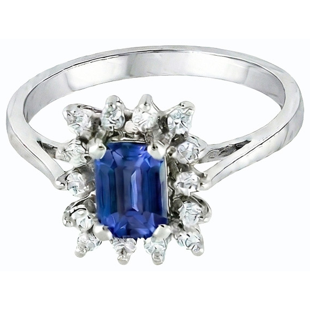 Fede nuziale stile fiore Halo 2,50 carati zaffiro blu e diamante smeraldo in oro bianco 14K
