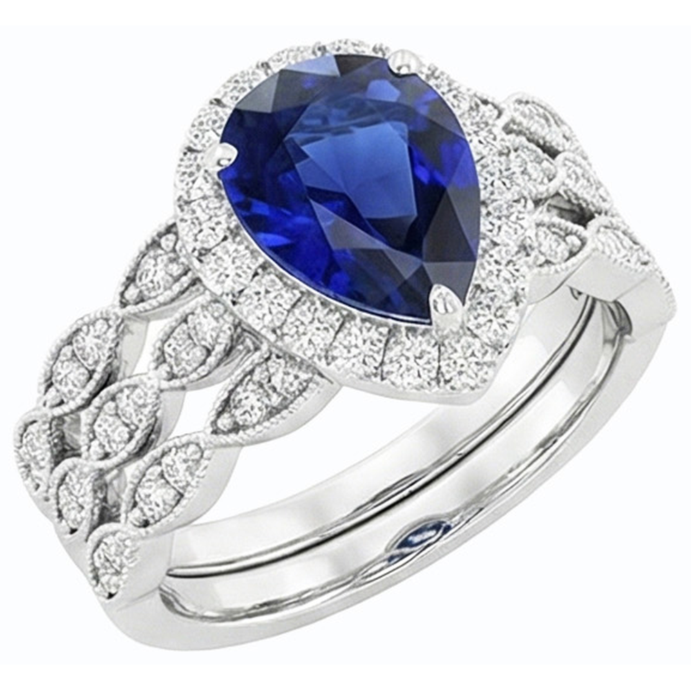Fede nuziale stile vintage Halo con 4,50 carati taglio a pera incastonato blu zaffiro e diamante
