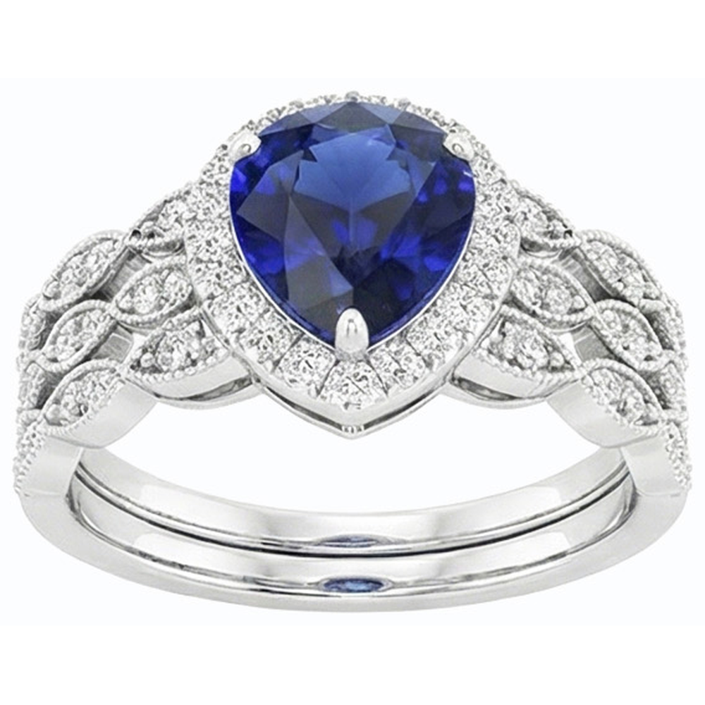Fede nuziale stile vintage Halo con 4,50 carati taglio a pera incastonato blu zaffiro e diamante