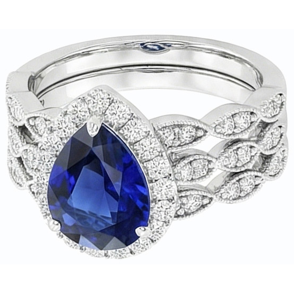 Fede nuziale stile vintage Halo con 4,50 carati taglio a pera incastonato blu zaffiro e diamante