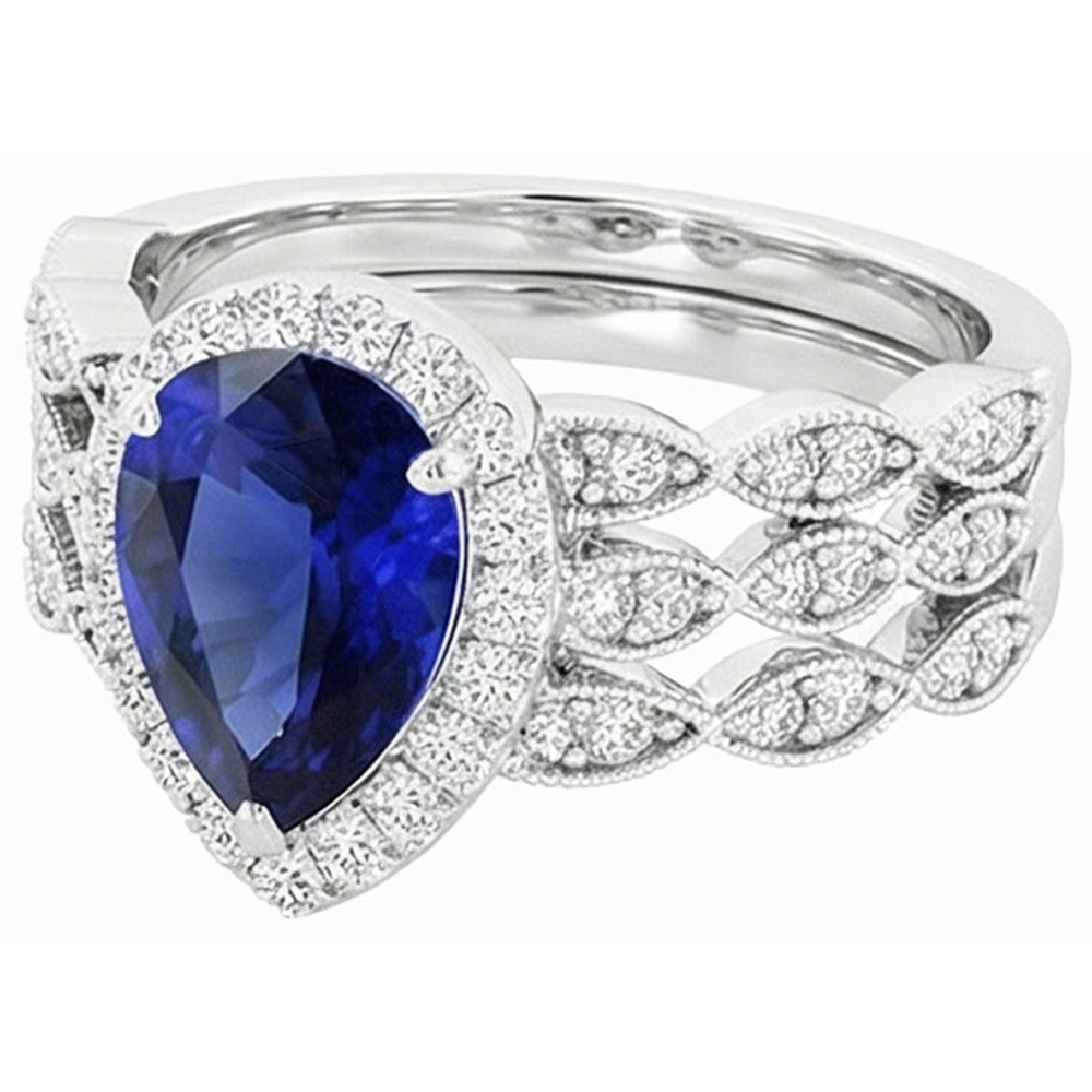 Fede nuziale stile vintage Halo con 4,50 carati taglio a pera incastonato blu zaffiro e diamante