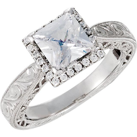 Fede Nuziale In Oro Bianco 14K Con Genuino Diamante Rotondo E Principessa Con Alone Da 1.75 Ct