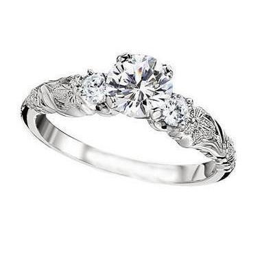 Fede Nuziale In Stile Antico Con 3 Vero Diamanti In Pietra Da 2.85 Ct. Oro Bianco 14K