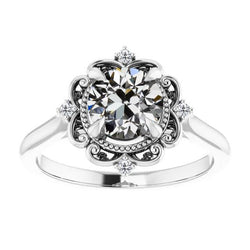 Fede Nuziale In Stile Antico, Tonda, Con Genuino Diamante A Taglio Antico, 3 Carati, Stile Fiore