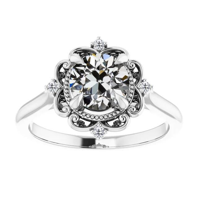 Fede Nuziale In Stile Antico, Tonda, Con Genuino Diamante A Taglio Antico, 3 Carati, Stile Fiore