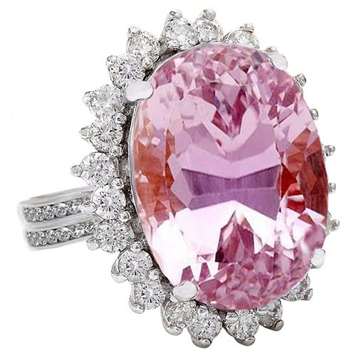 Fede Nuziale in Oro Bianco 14K Con Kunzite Rosa E Diamanti Taglio Ovale 22 ct