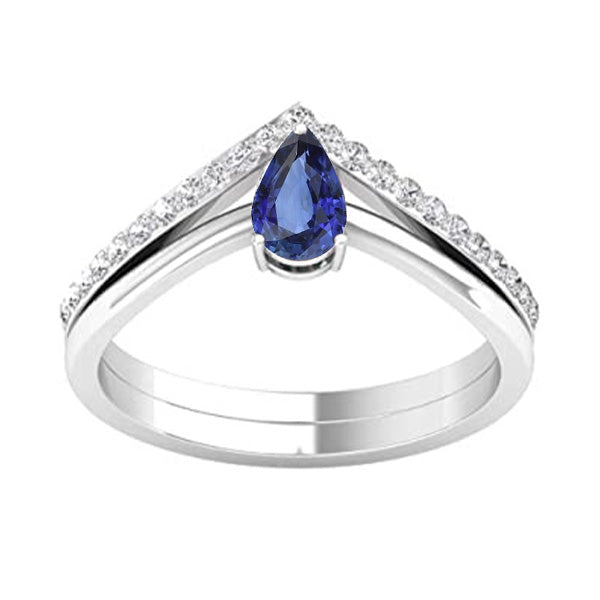Fede Nuziale Con Diamanti Anello Solitario Pera Zaffiro Blu Incastonati Oro Bianco 14K