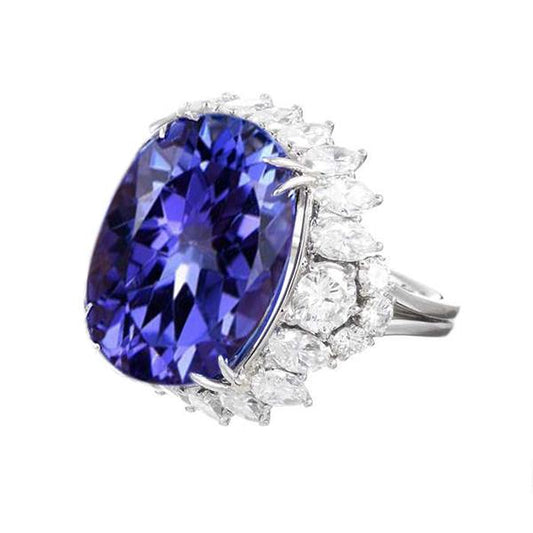 Fede Nuziale Oro Bianco Con Tanzanite Ovale Grande 12.25 ct Con Diamanti