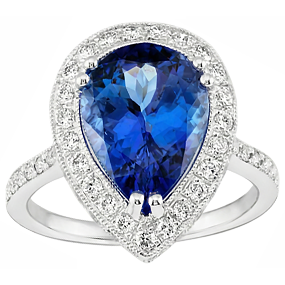Fedi nuziali con tanzanite a pera e diamanti. gioielli in oro 2.25 carati