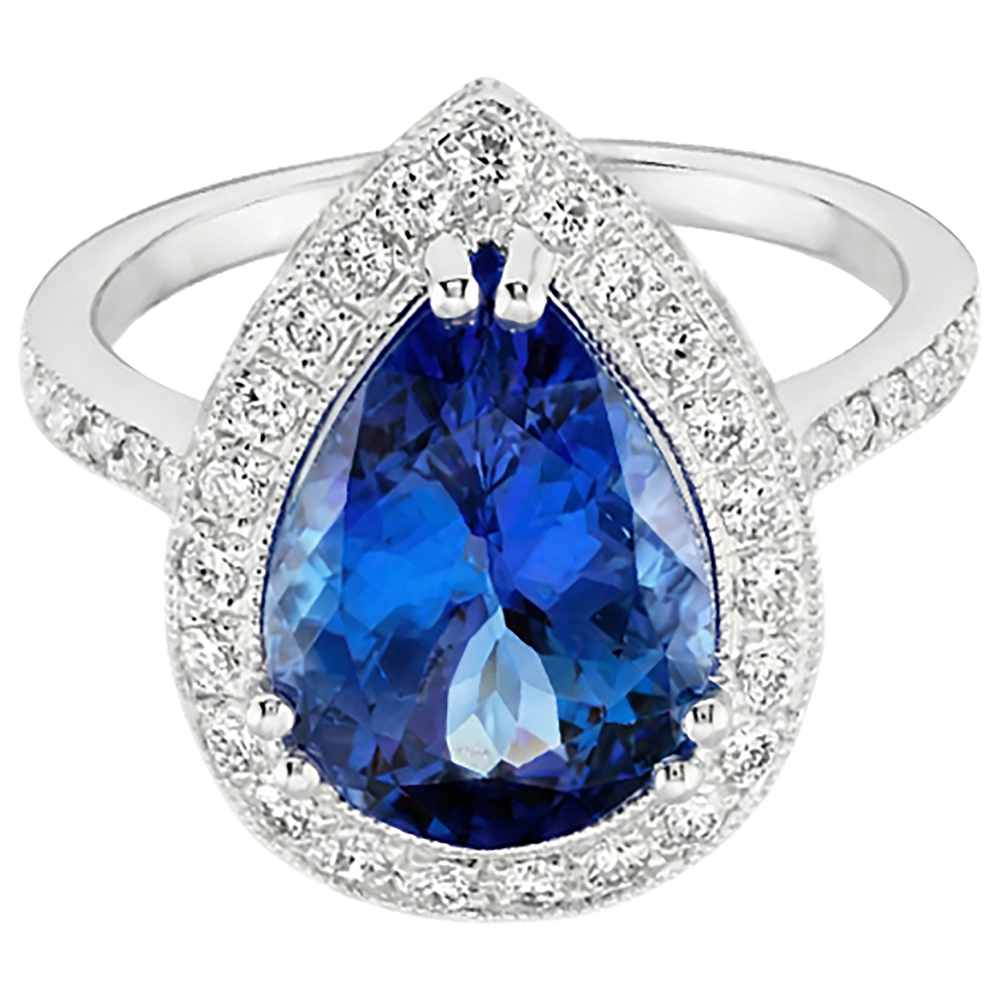 Fedi nuziali con tanzanite a pera e diamanti. gioielli in oro 2.25 carati