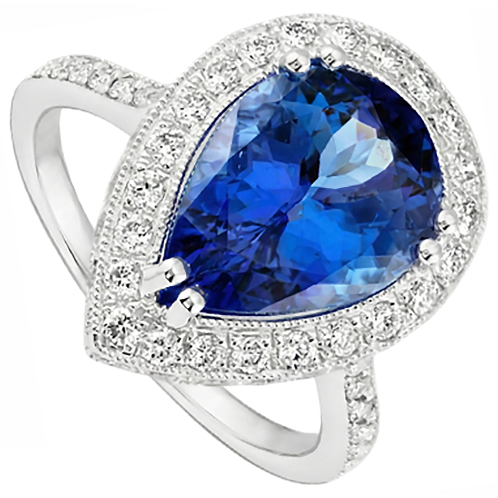 Fedi nuziali con tanzanite a pera e diamanti. gioielli in oro 2.25 carati