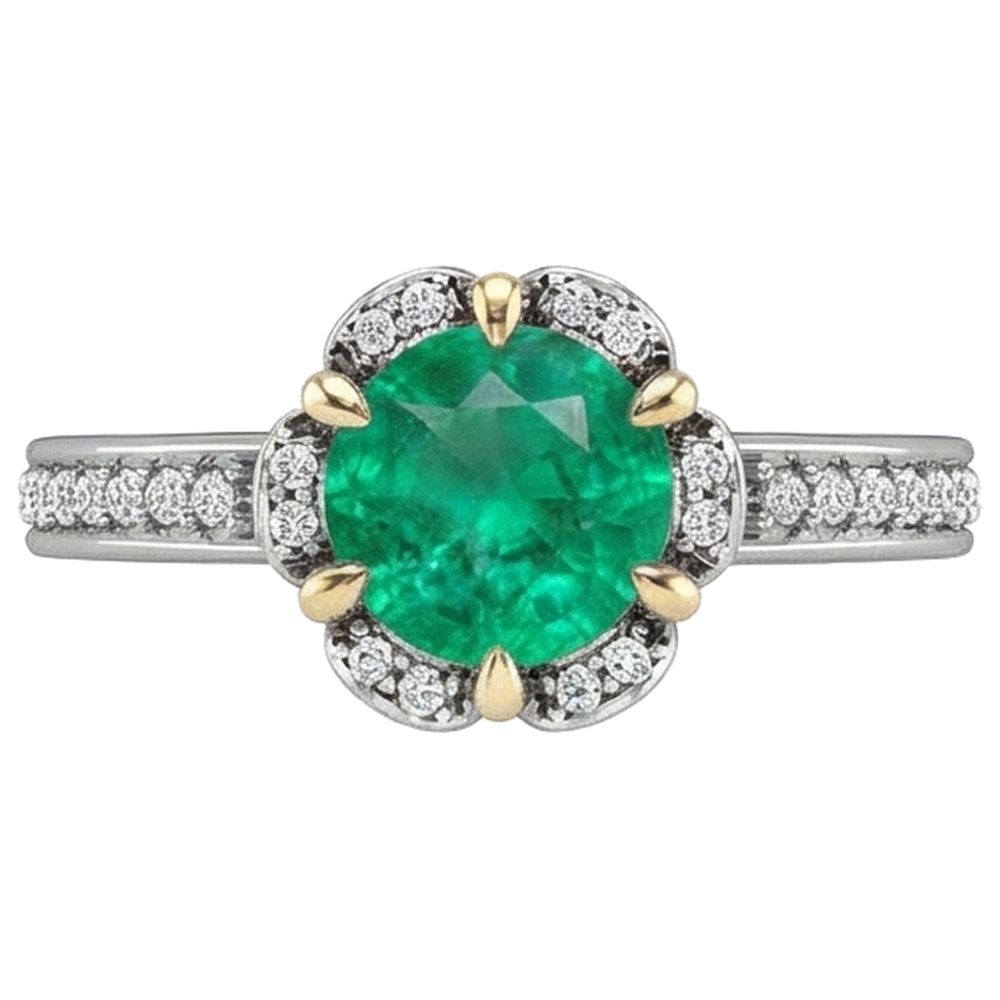 Smeraldo Fine Anello con Pietra Preziosa 1-carati Oro 14 Carati Bicolore – vista frontale