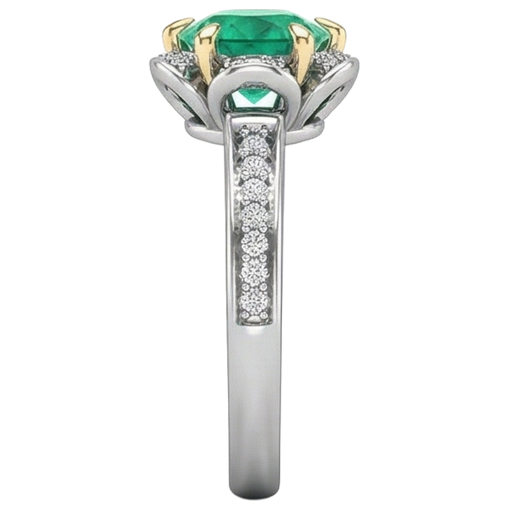 Smeraldo Fine Taglio Brillante Anello con Pietra Preziosa in Oro 14 Carati Bicolore – vista profilo