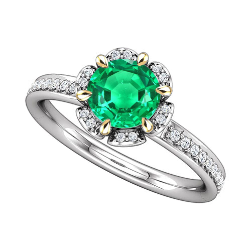 Smeraldo Fine Taglio Brillante Anello con Pietra Preziosa in Oro 14 Carati Bicolore – vista principale