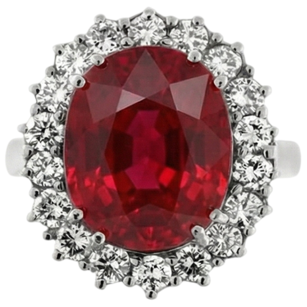 Gemma rubino rosso di forma ovale con anello di diamanti in oro bianco 14 carati 10.50 ct