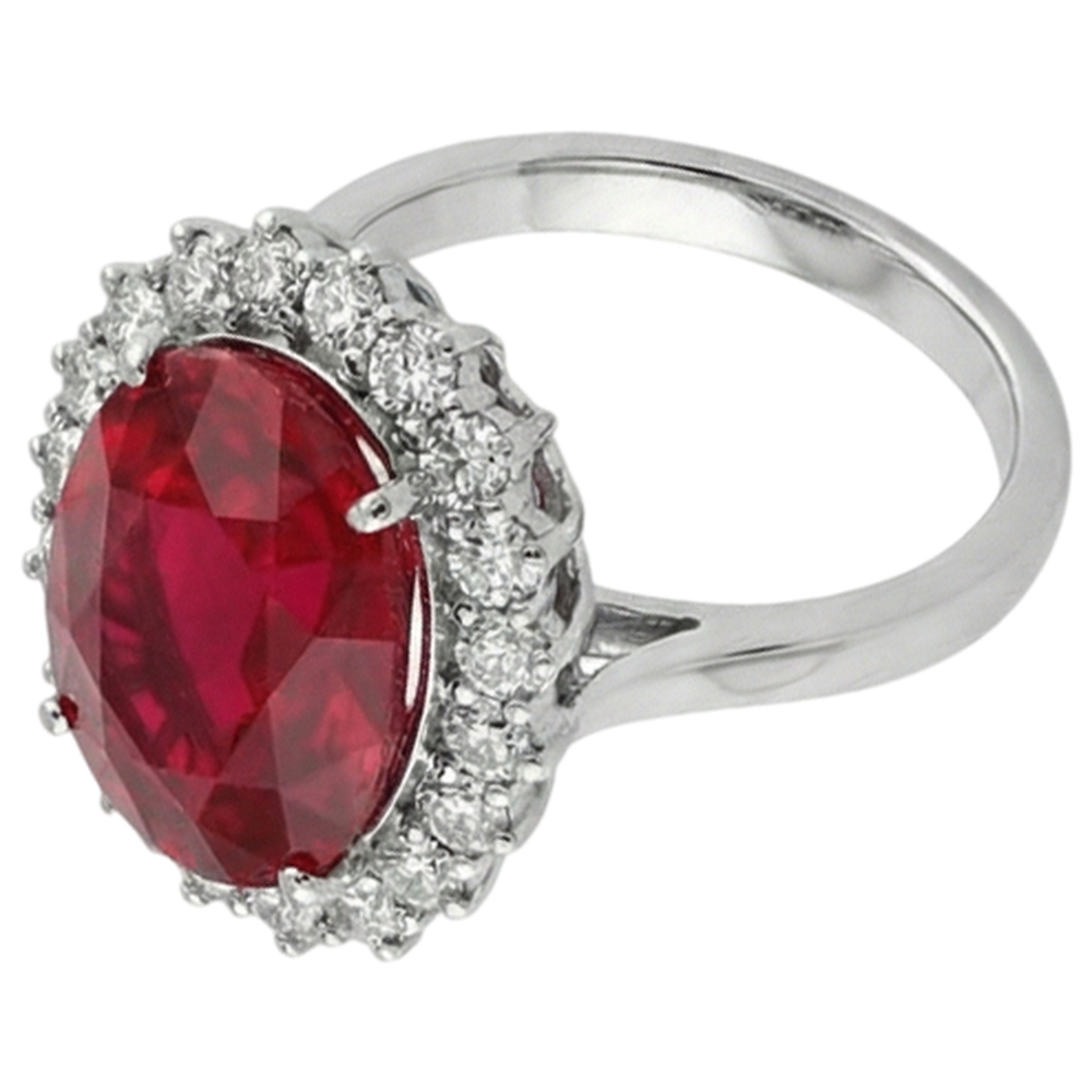 Gemma rubino rosso di forma ovale con anello di diamanti in oro bianco 14 carati 10.50 ct