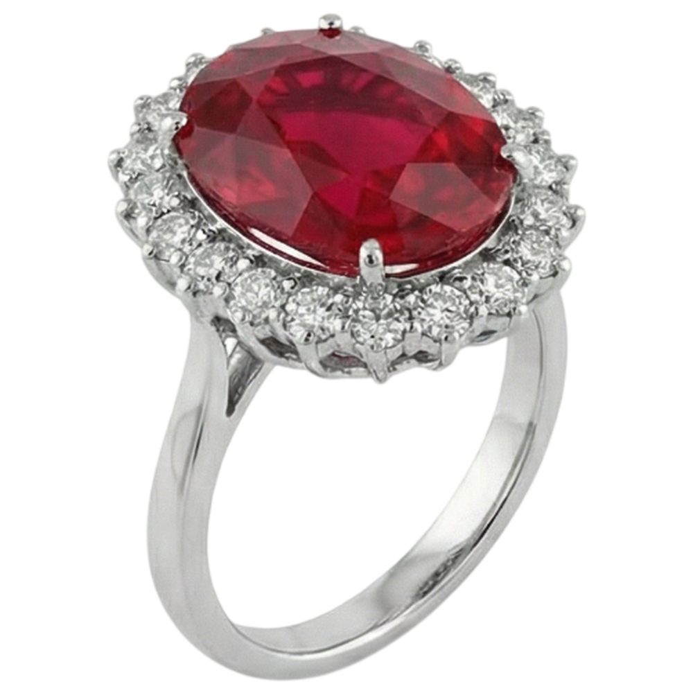 Gemma rubino rosso di forma ovale con anello di diamanti in oro bianco 14 carati 10.50 ct