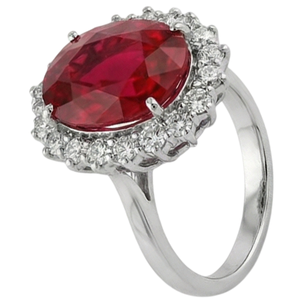 Gemma rubino rosso di forma ovale con anello di diamanti in oro bianco 14 carati 10.50 ct