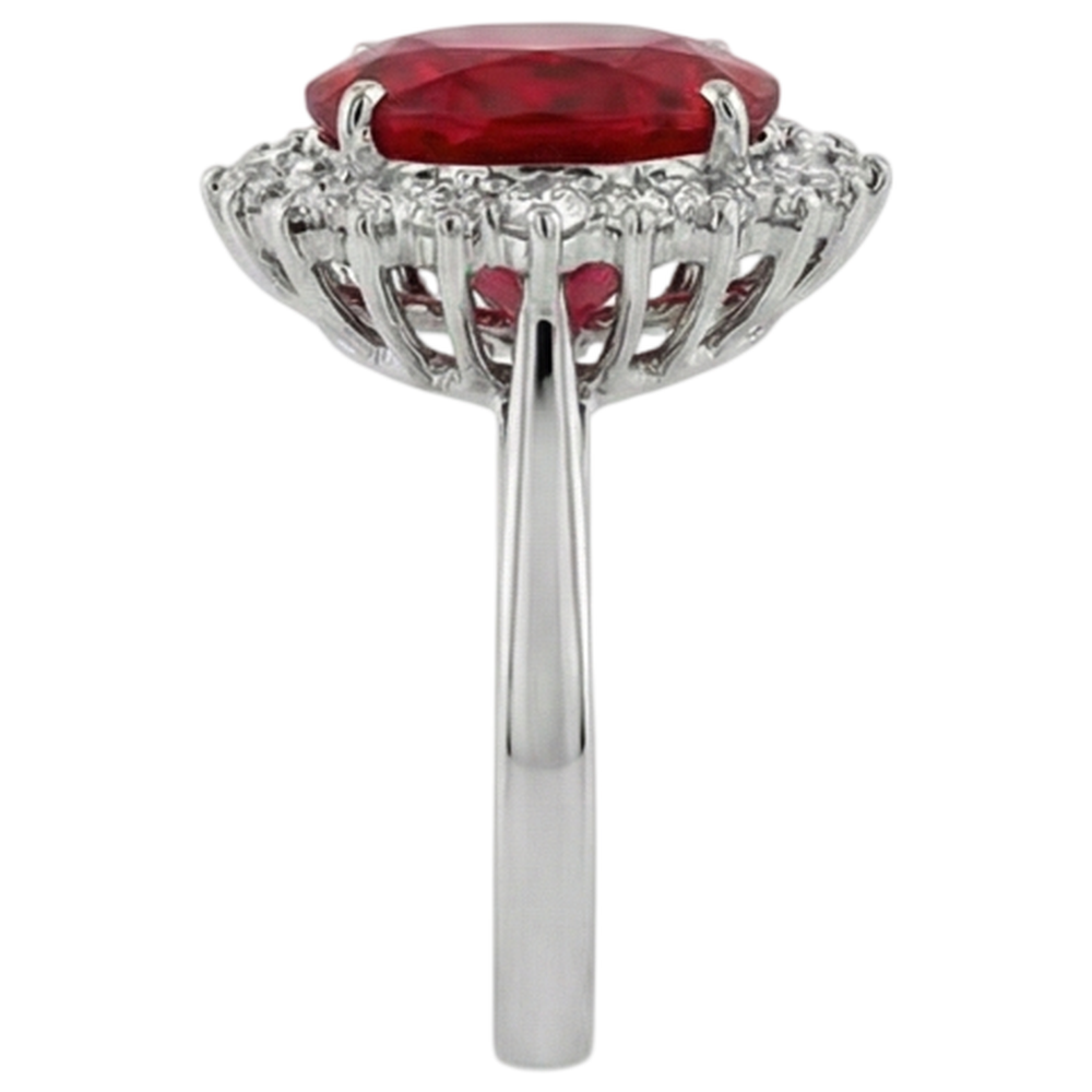 Gemma rubino rosso di forma ovale con anello di diamanti in oro bianco 14 carati 10.50 ct