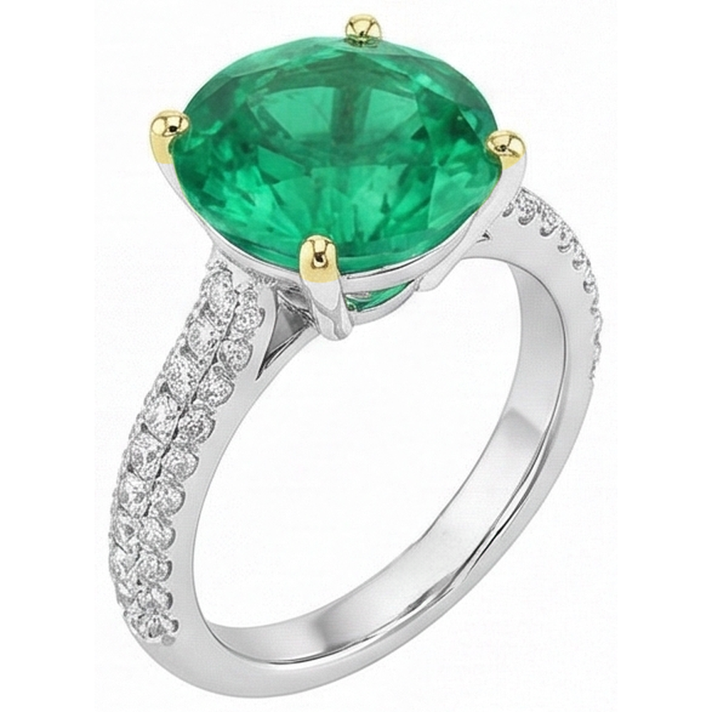 Taglio Brillante Smeraldo Fine anello in Oro Due Toni 14K – vista frontale