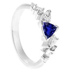 Gemstone Trillion V Prong zaffiro blu e 1 carato con anello in oro bianco 14K con diamanti